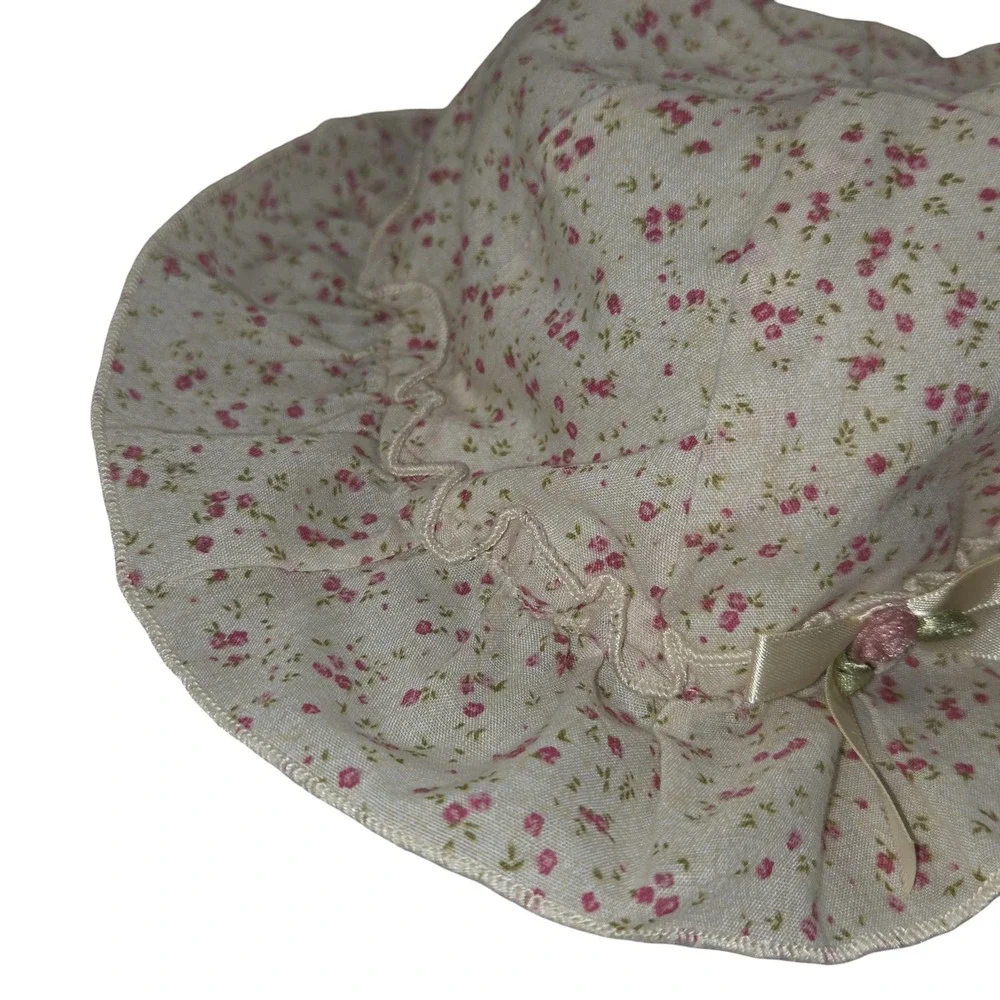 Toddler Girl Floral Sun Hat Pink Cream Ruffle Bow Whimsical Cottagecore 10